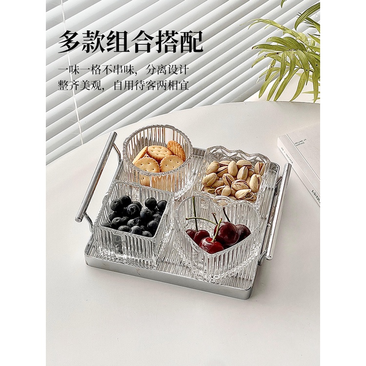 Hũ đựng mứt Tết 2024 thủy tinh kèm khay kim loại, Đĩa trái cây thủy tinh 4 ngăn cao cấp có nắp đậy - Mã: BK49