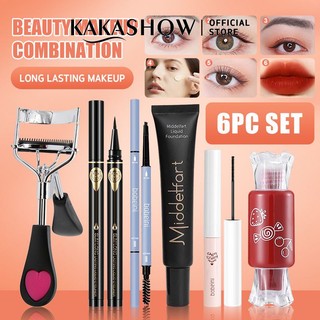 Bộ mỹ phẩm 6 món gồm mascara + cây chuốt mi + bút kẻ mắt + kem nền tự nhiên + son bóng + chì kẻ lông mày màu đen nhanh khô