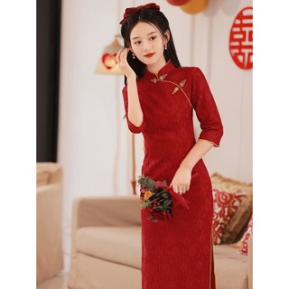  Sườn xám cải tiến phong cách dân tộc Trung Quốc Mới váy dài màu đỏ đính hôn đám cưới cao cấp mùa thu cho nữ Đầm Dài Tay 