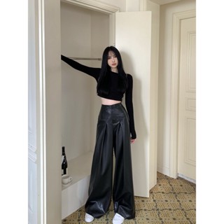 Bộ Áo Croptop Tay Dài + Quần Da Lưng Cao Ống Rộng Phong Cách Hàn Quốc Thời Trang Cho Nữ