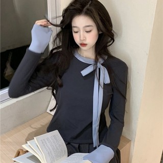 COZOK Áo Thun Tay Dài Dáng Ôm Thắt Nơ Đáng Yêu Thời Trang Hàn Quốc