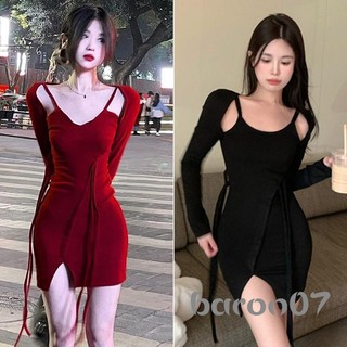 Đầm Mini Nữ Cổ Chữ V Mỏng Tay Dài Cao Cấp Chia Giả Hai Mảnh Bodycon Màu Trơn Đầm Cho Tiệc Câu Lạc Bộ Đêm