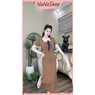 [Siêu Sale 12.12] Đầm Thun Gân Ôm Body Tay Ngắn Họa Tiết Kẻ Sọc Dễ Thương Cổ Vuông Phối Viền Nút Cài Ngực Dáng Maxi Dài
