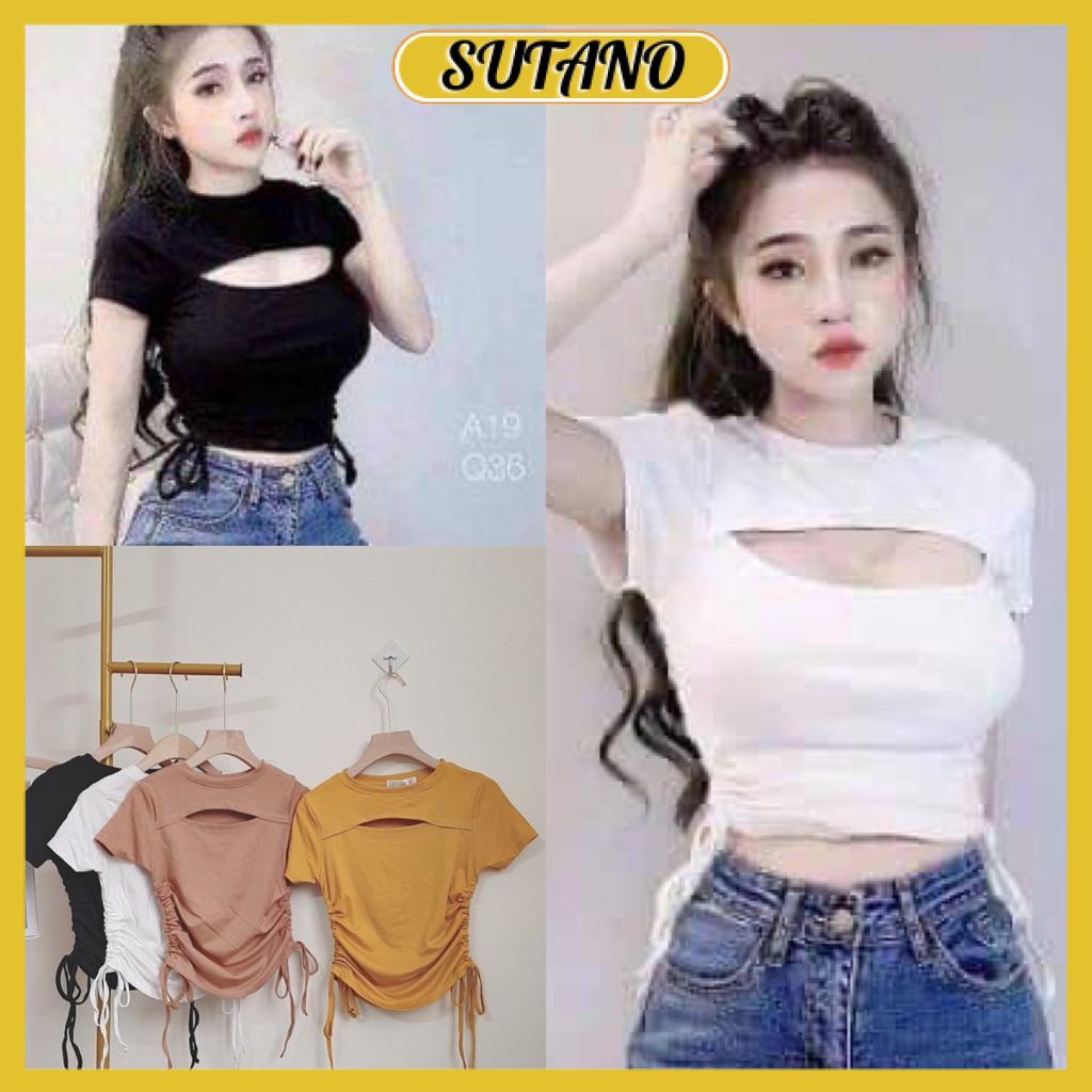 Áo kiểu nữ khoét ngực phối dây rút chất zip co giãn cao cấp A345 SUTANO