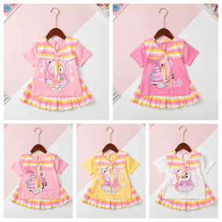Bộ Chân váy bé gái LITIBABY sọc ngang, cổ thủy thủ, hình labubu size 2 đến 12 tuổi