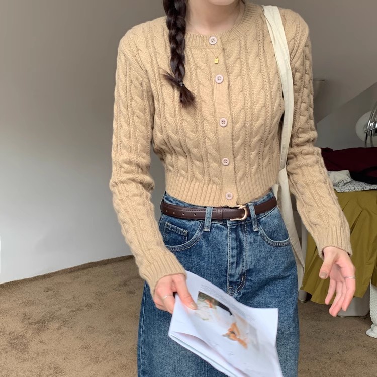 Áo Khoác cardigan Dệt Kim Dáng Ngắn Tay Dài Màu Sắc Đơn Giản Thời Trang Cho Nữ