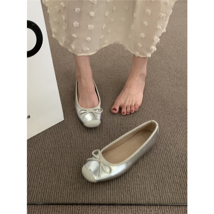 Lijia Giày Búp Bê Đế Bằng Mềm Mại Màu Bạc Phong Cách Pháp Thời Trang Cho Nữ