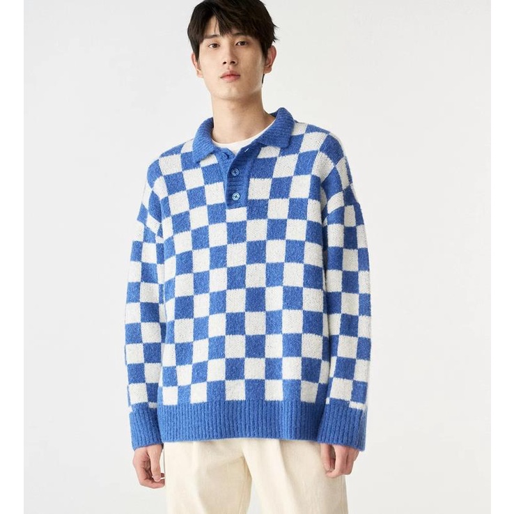Áo Len Cổ polo Dáng Rộng Họa Tiết Caro Thời Trang Thu Đông Cho Nam