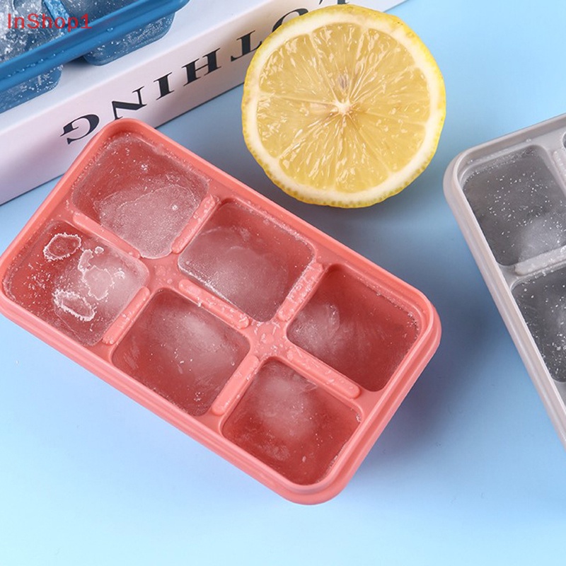 Khuôn Silicon Làm Đá Viên 6 Ô Vuông Đế Mềm Có Nắp Đậy diy Cho Nhà Bếp Quầy bar I