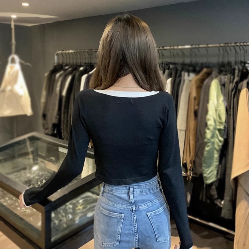 Áo Thun croptop Dệt Kim Tay Dài Cổ Tròn Thắt Nơ Màu Tương Phản Phong Cách Hàn Quốc Thời Trang Cho Nữ