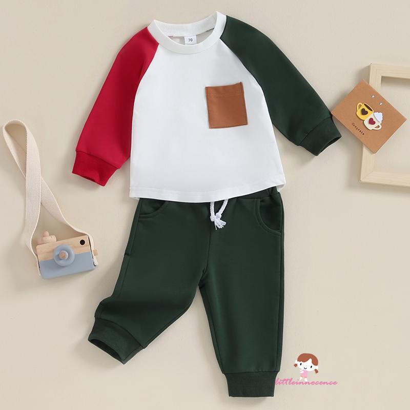 Set Đồ 2 Món Áo Tay Dài Phối Màu Tương Phản Phối Quần Dây Rút Thời Trang Cá Tính Cho Bé Trai