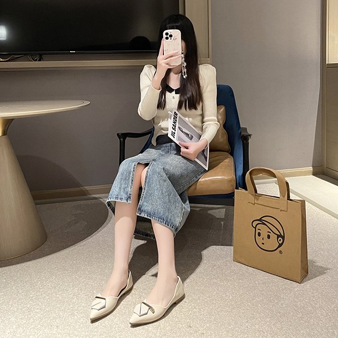 Giày Búp Bê Bằng Da pu Mũi Nhọn Gót Thấp Thời Trang Dành Cho Nữ