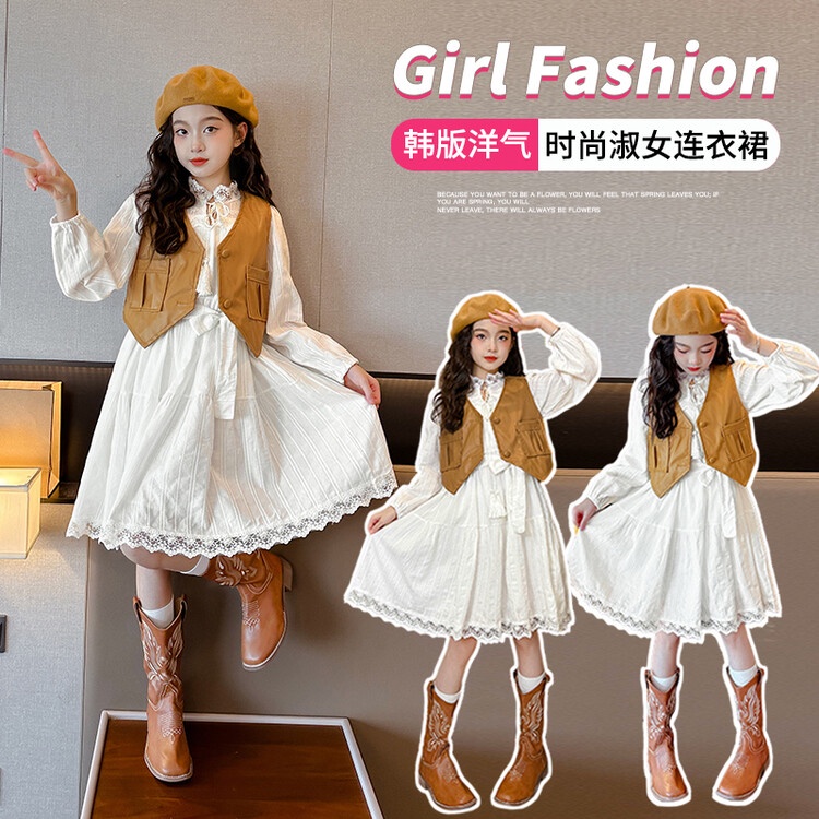 Đầm Dài Tay Phối Ren Hoa Phong Cách Mới Cho Bé Gái