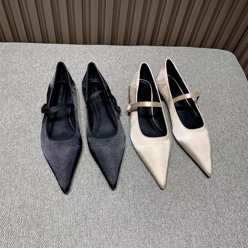 Hong Kong Premium shoes❥Mary jane Giày Gót Thấp Mũi Nhọn Chất Liệu satin Phong Cách retro Thời Trang Xuân Thu Cho Nữ