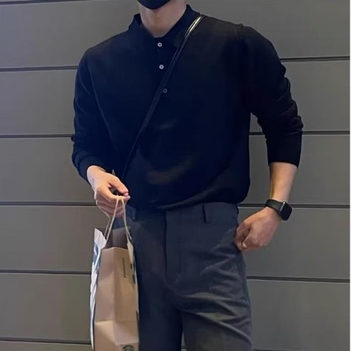 Áo Thun polo Dệt Kim Tay Dài Màu Sắc Đơn Giản Phong Cách retro Nhật Bản Cho Nam Giới