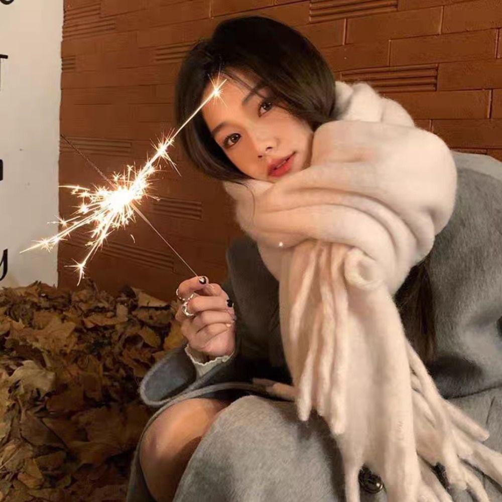 Okdeals Khăn Choàng Cổ Tua Rua Dài Màu Trơn Mềm Mại Vải cashmere Lông Cừu Dày Ấm Áp Cho Nữ