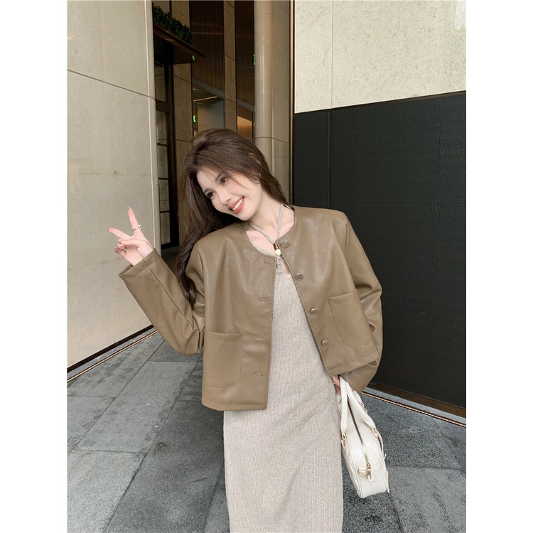 Lisynn Áo Khoác Da pu Dài Tay Phong Cách retro Cho Nữ