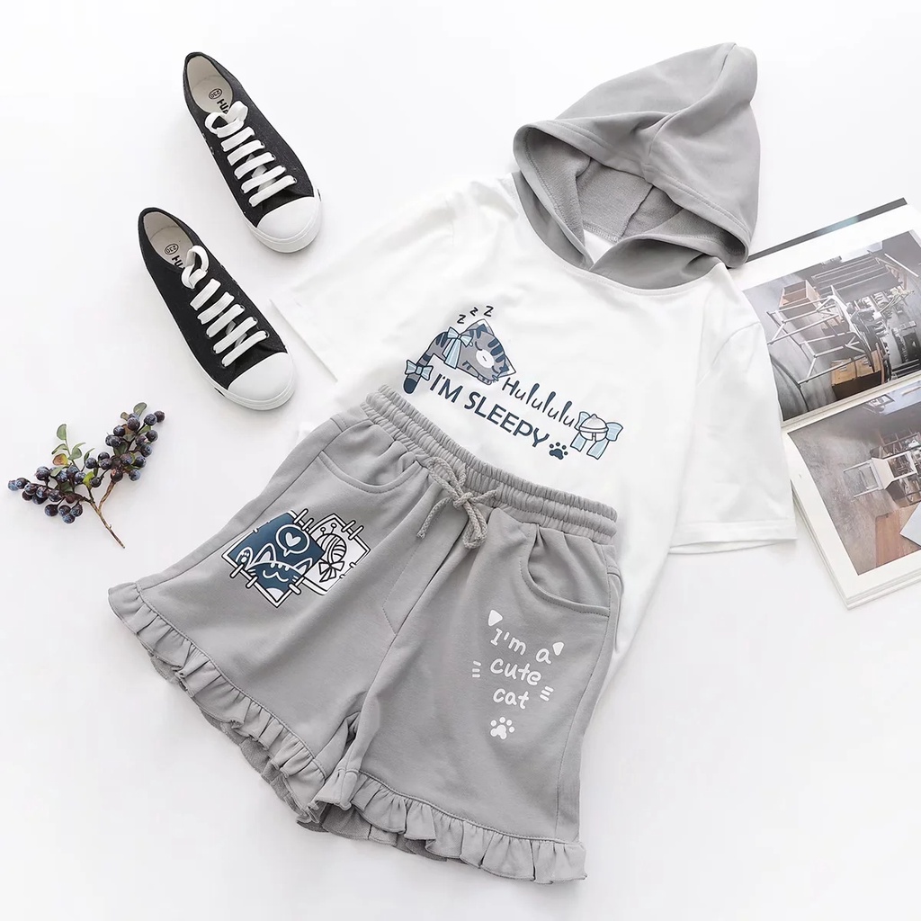 Set Áo Thun Ngắn Tay Có Mũ In Hình Mèo + Quần short Ren Xám Dễ Thương Thời Trang Mùa Hè Cho Nữ