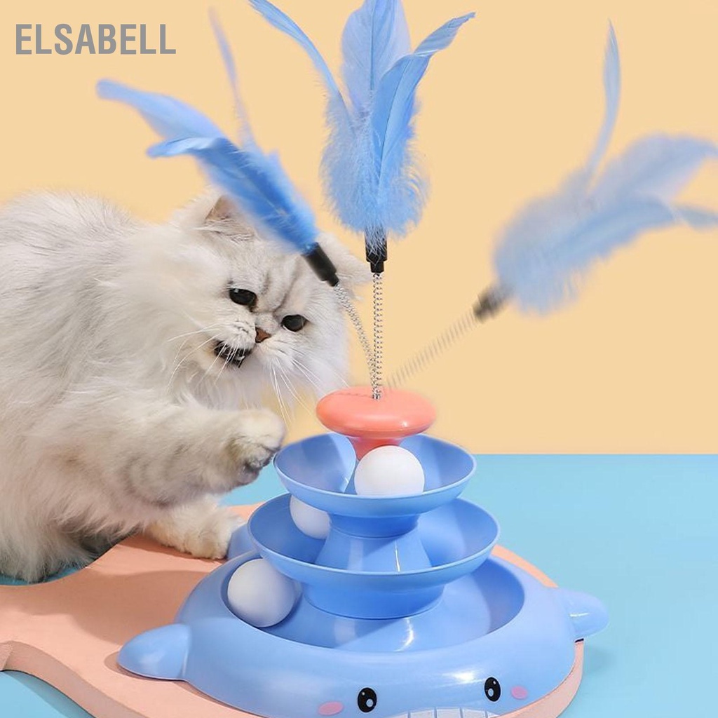 Elsabell Đồ chơi bóng bàn xoay cho mèo 3 cấp độ tương tác làm giảm sự nhàm chán của con tháp lăn đồ với thanh lông vũ và quả