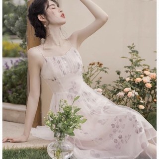 Sugemiusi Đầm Hai Dây Mỏng Nhẹ In Họa Tiết Hoa Phong Cách Pháp Thanh Lịch