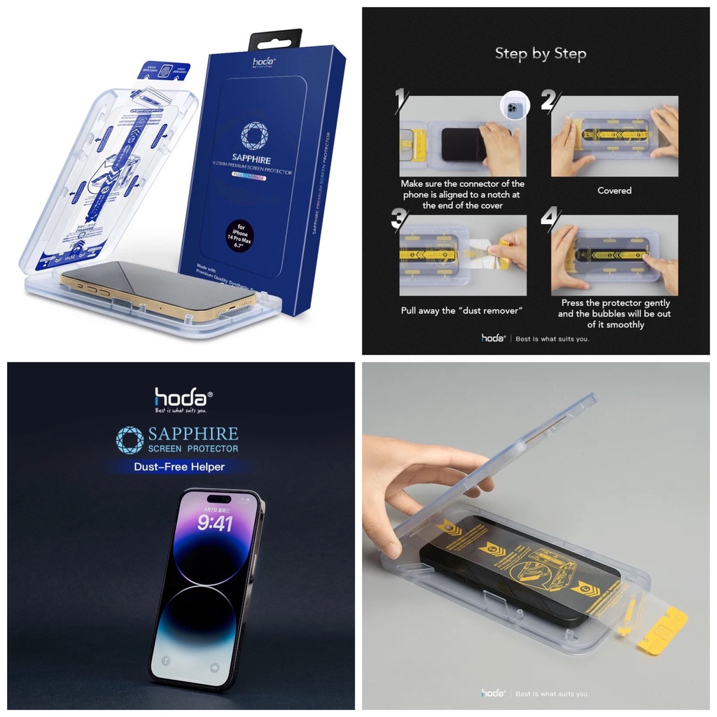 KÍNH CƯỜNG LỰC HODA Sapphire nguyên khối kèm khung trợ dán IPhone 15 Pro/IPhone 15 Pro Max/IP14 Promax /14 Pro