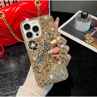 Vòng Tay Thời Trang Dây Đeo Cổ Tay Bling Kim Cương Giả Da Báo Ốp Lưng Điện Thoại IPhone 16 15 Pro Max Cho IP 11 12 13 14 Pro Max Cứng Chống Sốc Lấp Lánh Kim Cương Bao