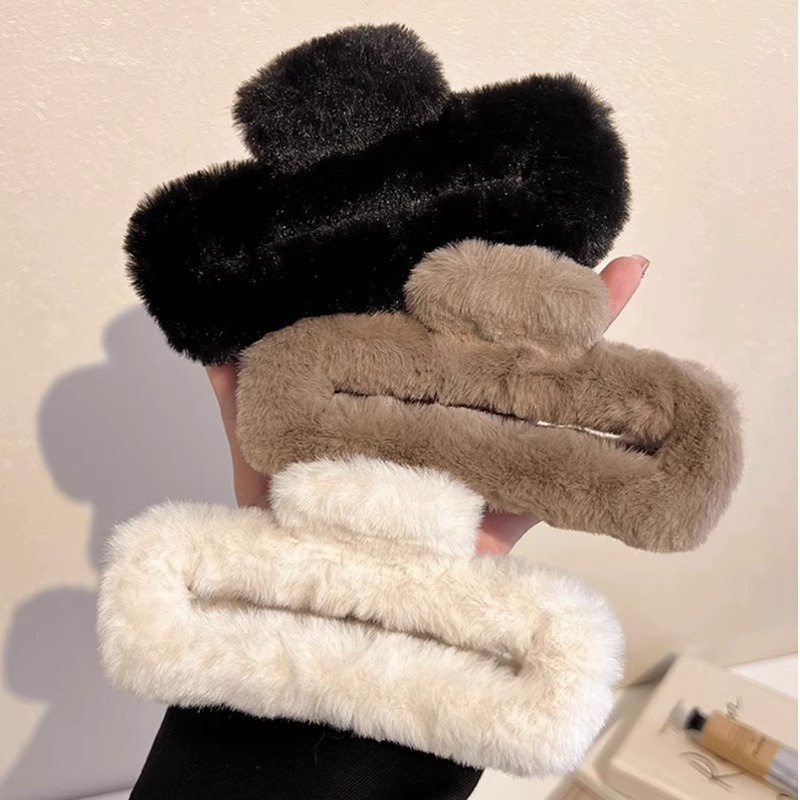 Kẹp Tóc Màu Cà Phê Hình Chữ Nhật / Cá Mập / Vuông Cỡ Lớn Bằng Lông Nhung Màu Cà Phê Phong Cách Hàn Quốc Đơn