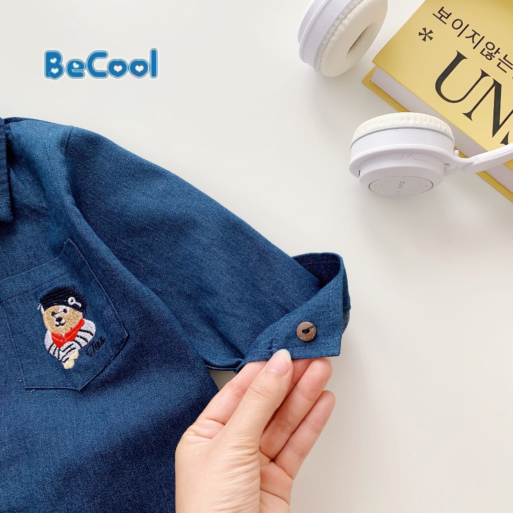 Áo Sơ Mi Cho Bé Trai Chất Bò Thêu Gấu, Áo Sơ Mi Dài Tay Cho Bé Từ 10 đến 26kg BAOBAOKIDS