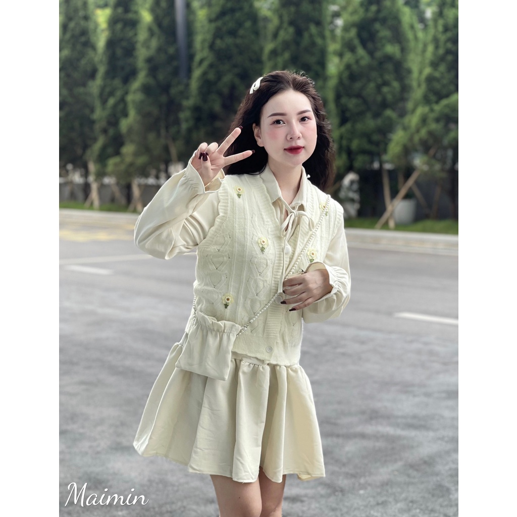 Set 3 chi tiết áo gile hoa váy sơ mi bèo kèm túi hàng QC