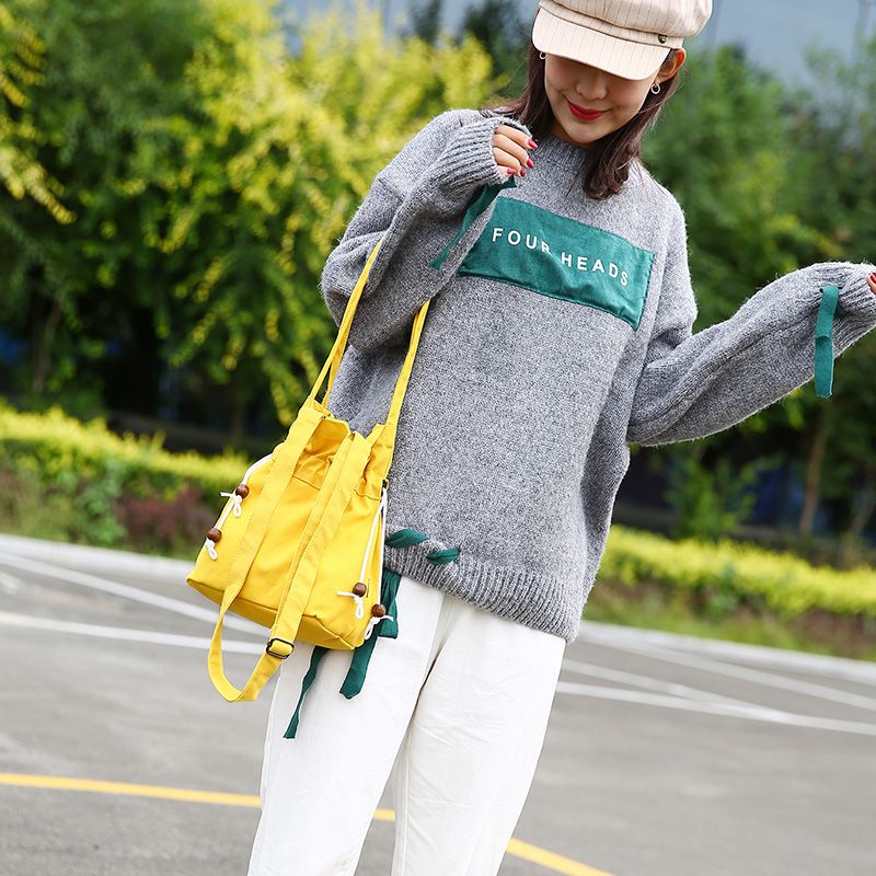 Túi canvas Dây Rút Xỏ Hạt Gỗ Phong Cách Hàn Quốc Dễ Phối Đồ Cho Nữ