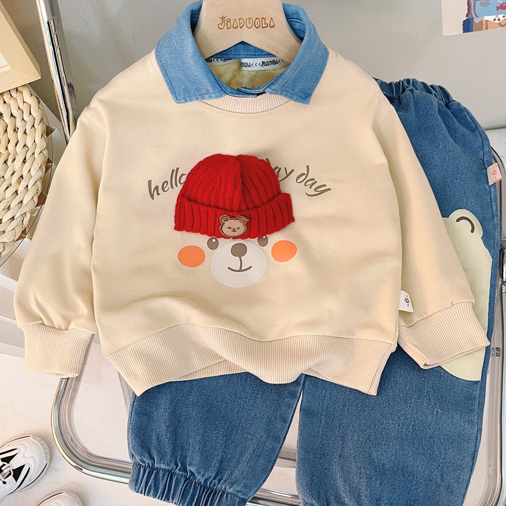 Bộ Áo Thun Tay Dài Sweater Cổ Jean Kèm Quần Dài Jean Túi Hôp Thu Đông Cho Bé Trai 1 2 3 4 5 Tuổi MINTSCLOSET - TD4237