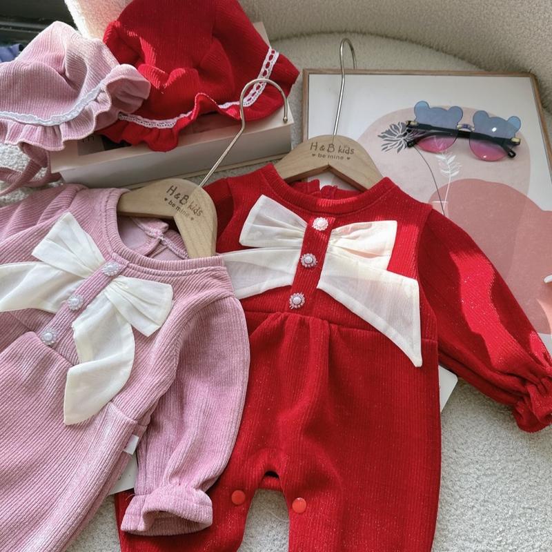 Body Liền Quần NHUNG KIM TUYẾN NƠ NGỌC Kèm Mũ Cho Bé Gái Sơ Sinh Chất Mềm Mịn cho bé mặc noel, Lễ Tết