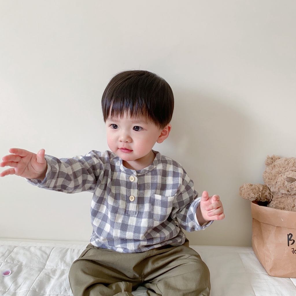 Áo Sơ Mi Tay Dài Dáng Rộng Sọc Ca Rô Thời Trang Cá Tính Cho Bé Trai