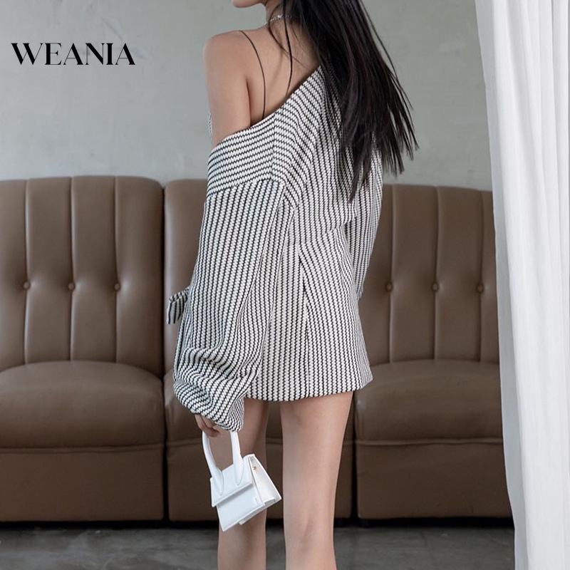 Set Đầm mini 2 Món Tay Phồng Dài Thiết Kế Xẻ Tà Kẻ Sọc Đính Nơ Thời Trang Mới Cho Nữ