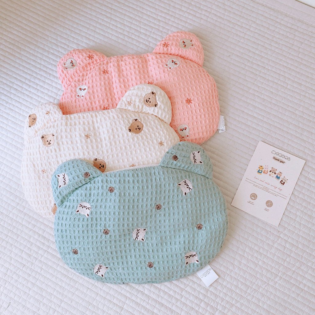 Gối Tai Gấu Vải WAFFLE MONONA Sợi Tre Cho Bé Gối Cho Bé Từ Sơ Sinh Họa Tiết Xinh Xắn Siêu Thoáng Khí