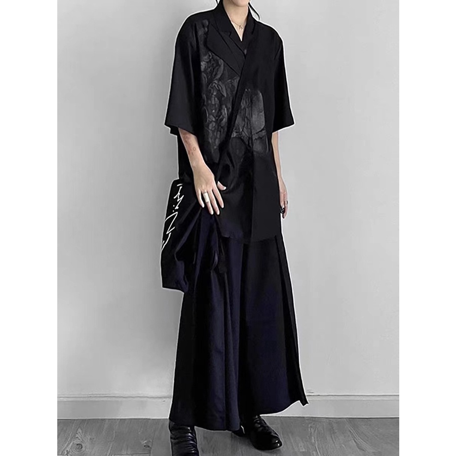 Áo Sơ Mi Nam Ngắn Tay Dáng Rộng In Họa Tiết yohji yamamoto Phong Cách Tối Màu