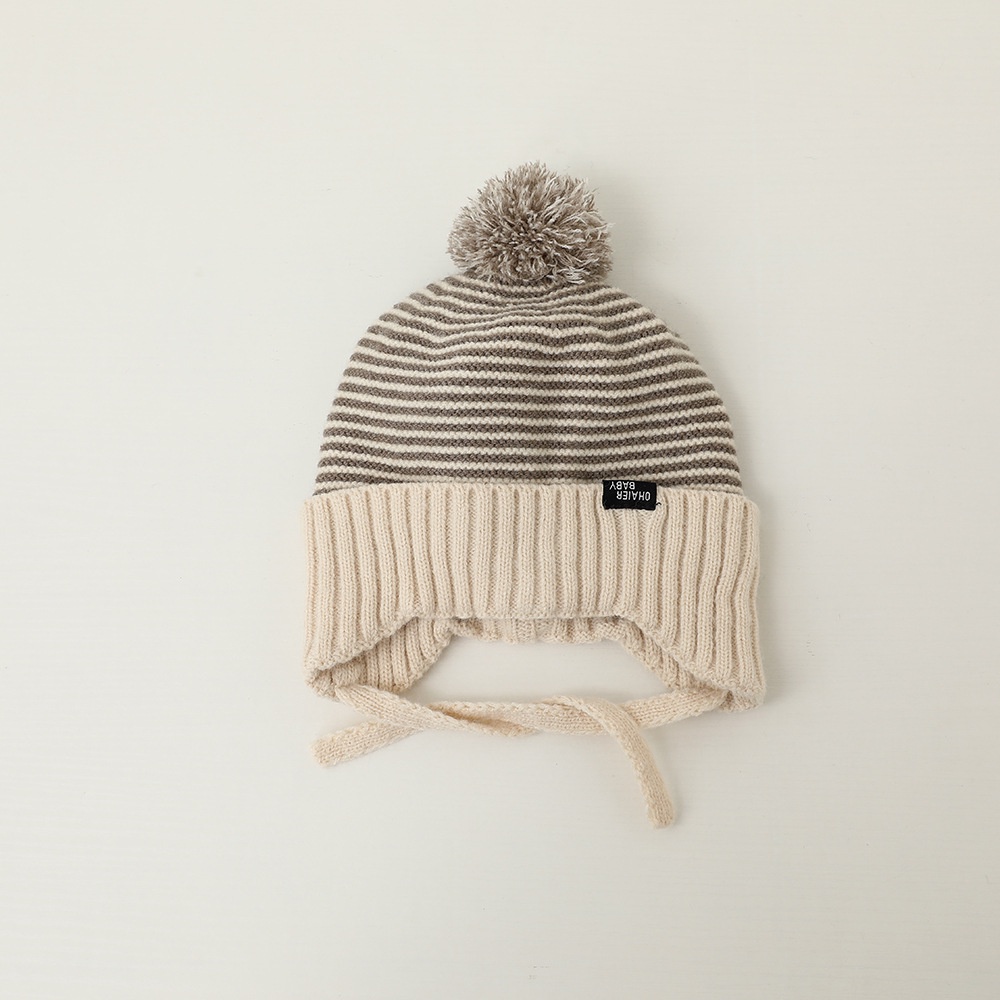 Mũ Len Dệt Kim Giữ Ấm Tai Họa Tiết Kẻ Sọc Đính Quả Bông Dễ Thương Thời Trang Thu Đông Cho Bé