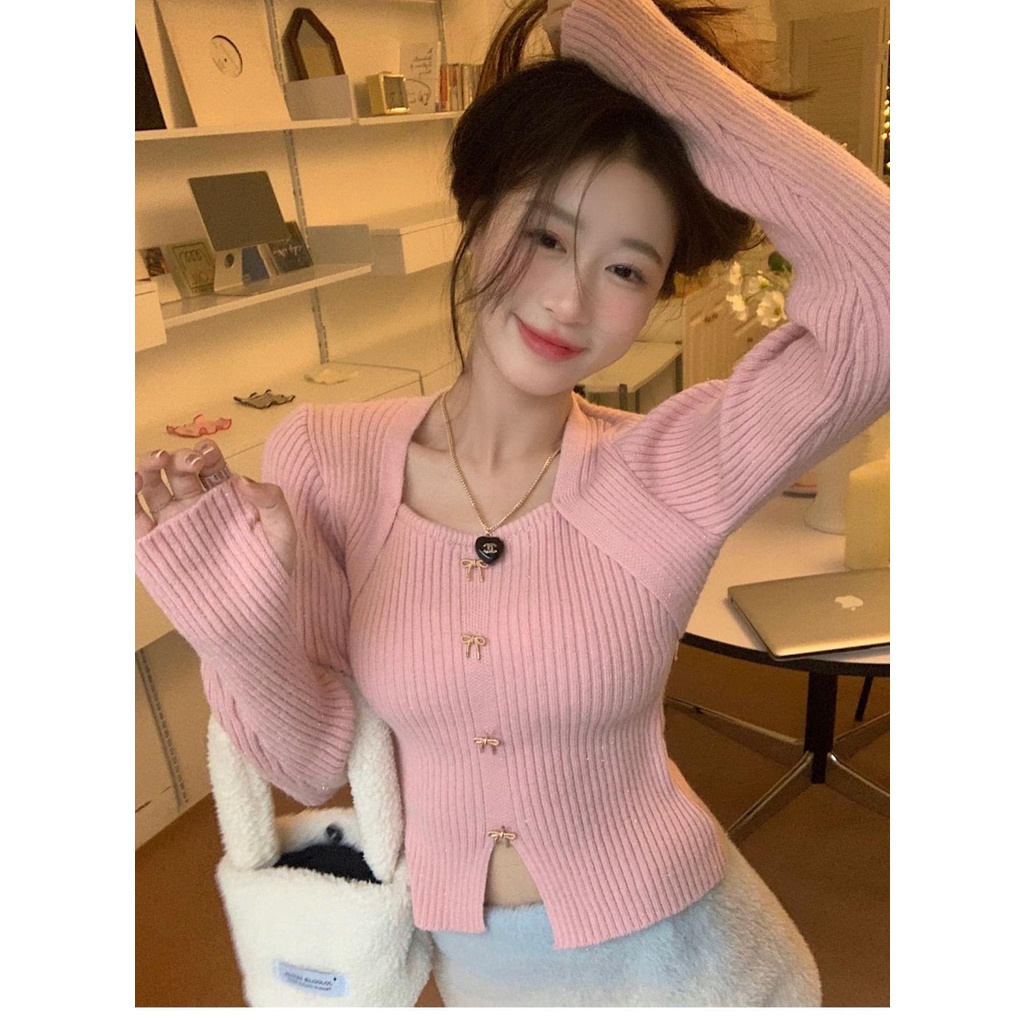 Milyfashion Áo sweater Cổ Vuông Giả Hai Lớp Thời Trang Thu Đông Phong Cách Pháp Cho Nữ