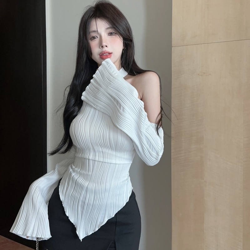 Áo Thun Tay Dài Hở Vai Mùa Thu Đông Phong Cách Mới Đa Năng Hình Cô Gái Nóng Bỏng Màu Trắng Không Đối Xứng Phong Cách Mới