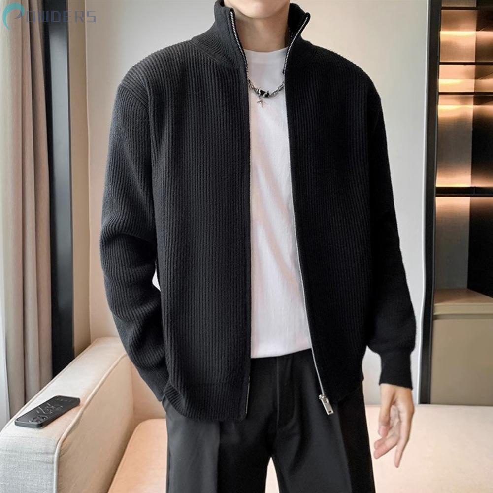 Mens Fleece Lined Knitted Jacket Zip Up Thick Warm Chunky Cardigan Long Coats