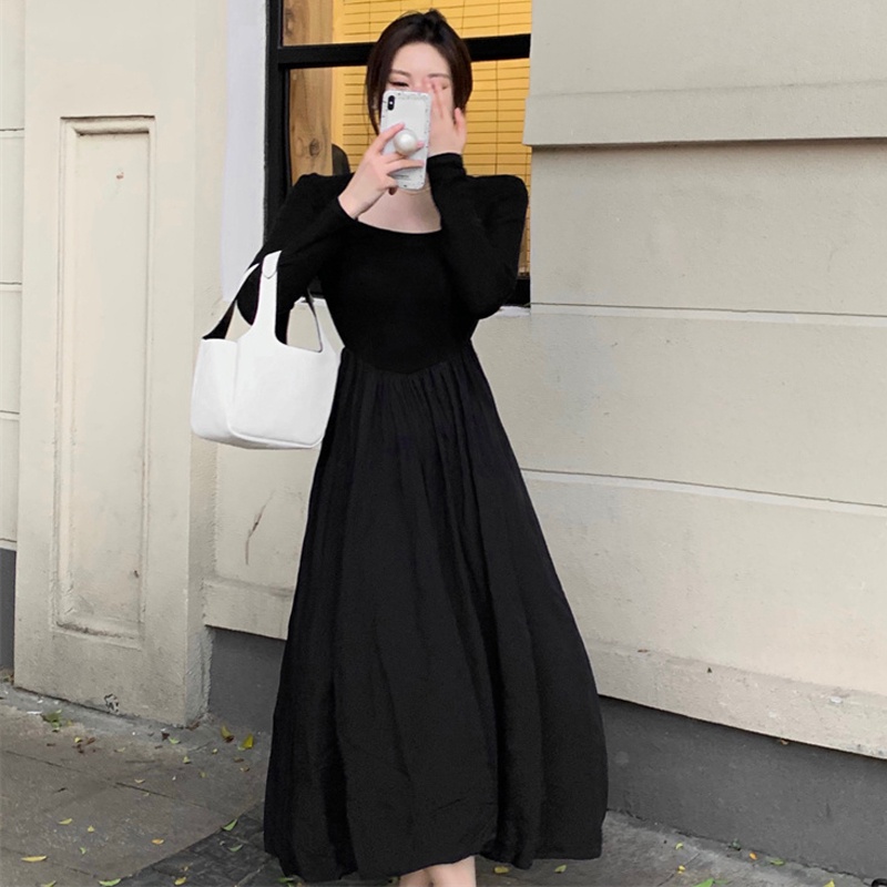 Mqaq hepburn Đầm Đen Dài Tay Cổ Vuông Phong Cách Pháp Thời Trang Xuân Thu Cao Cấp