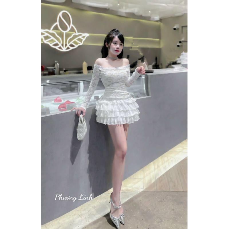 Set áo ren trễ vai mix chân váy bèo tầng xinhh xỉu