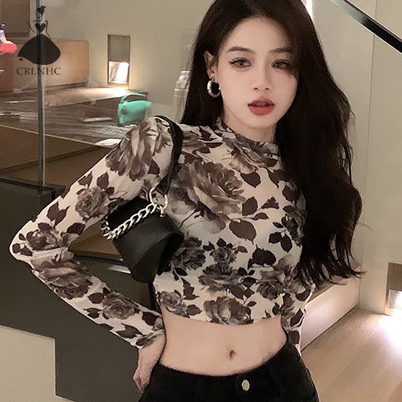 Áo Thun crop top Tay Dài Cổ Tròn In Hoa Thời Trang Mùa Thu Cho Nữ