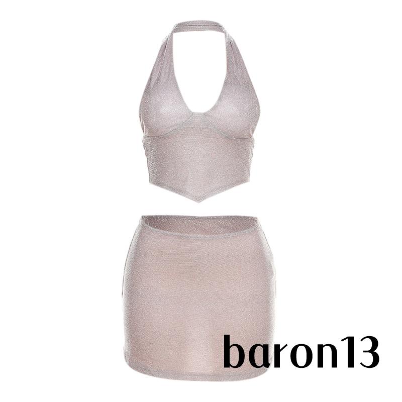Xo8k-bộ Áo Sát Nách Hở Lưng Sáng Bóng + Chân Váy mini Ôm Dáng Mùa Hè Cho Nữ