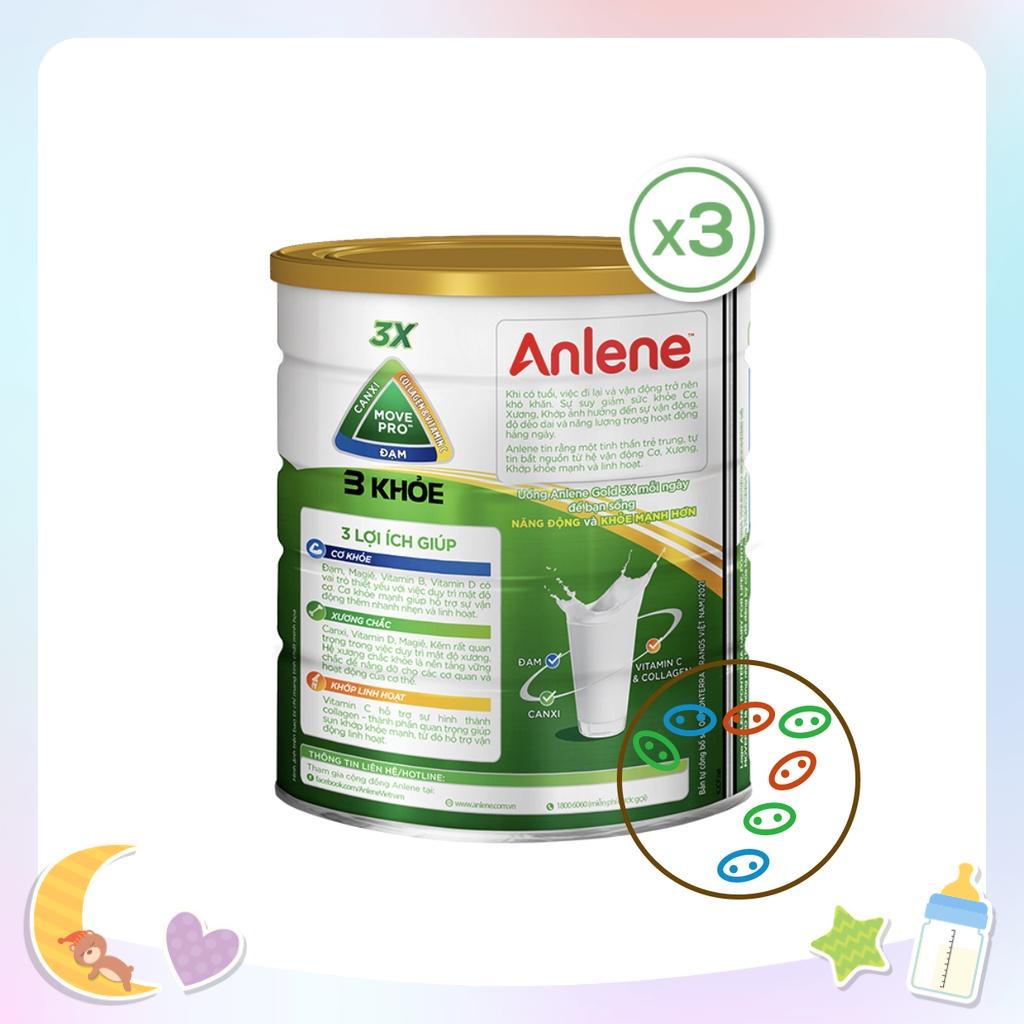 Bộ 03 lon sữa bột Anlene Gold Move Pro 3X Hương Vani hộp thiếc 800g