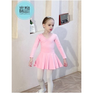 Váy tập múa cotton nơ lưng dài tay hồng