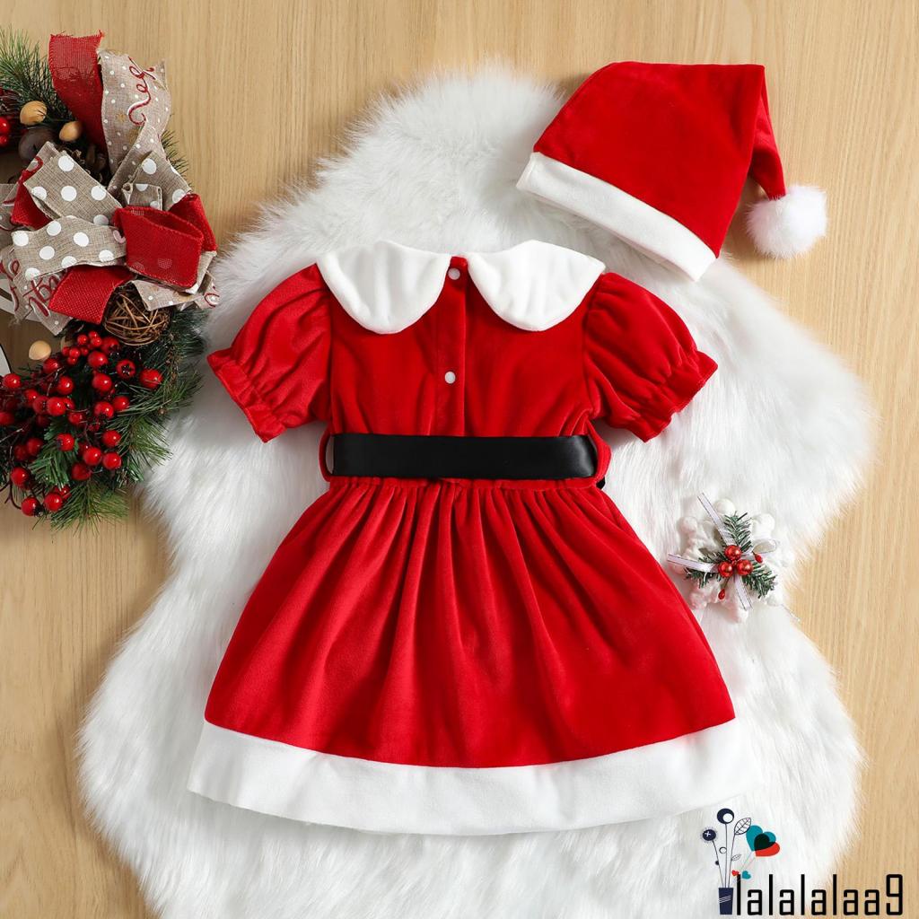 La-hộ Đầm Chữ a Tay Ngắn Cổ Búp Bê Màu Đỏ Kèm Thắt Lưng Và Mũ Giáng Sinh Cho Bé Gái