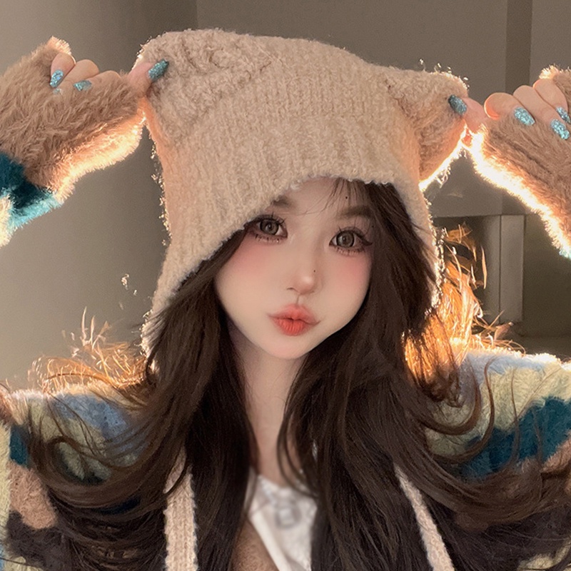 Mũ Len Tai Gấu Dễ Thương Cho Nữ