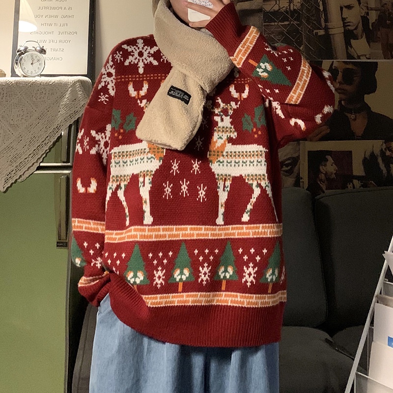 Áo Sweater Len Nam Form Rộng Giáng Sinh Dệt Kim Dáng Rộng Phong Cách Giáng Sinh Thời Trang Mùa Đông Mới Cho Nam