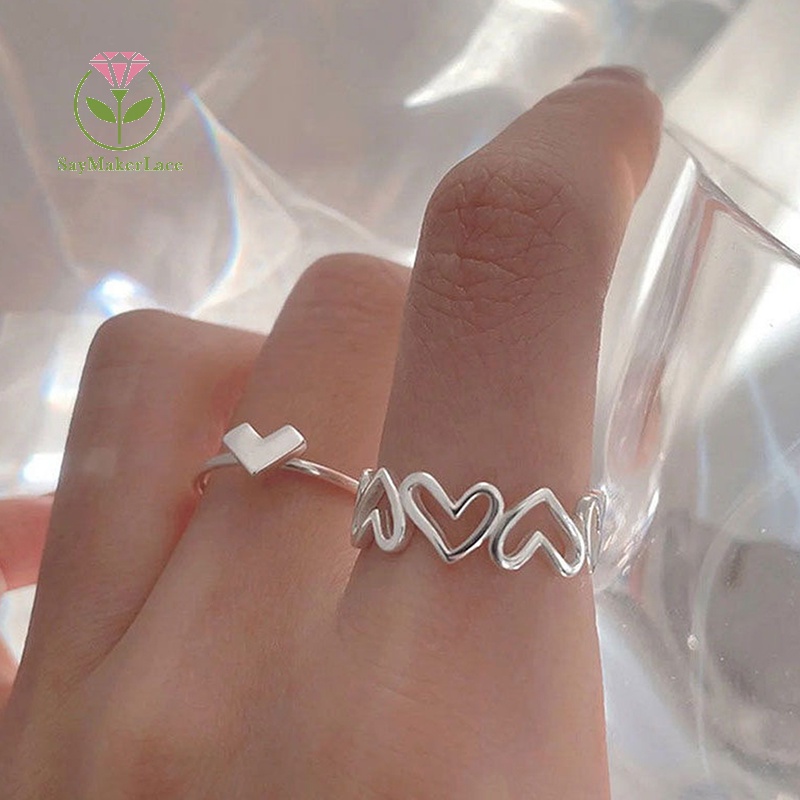Set nhẫn SayMakerLace hình trái tim rỗng màu bạc đơn giản cá tính chỉnh được